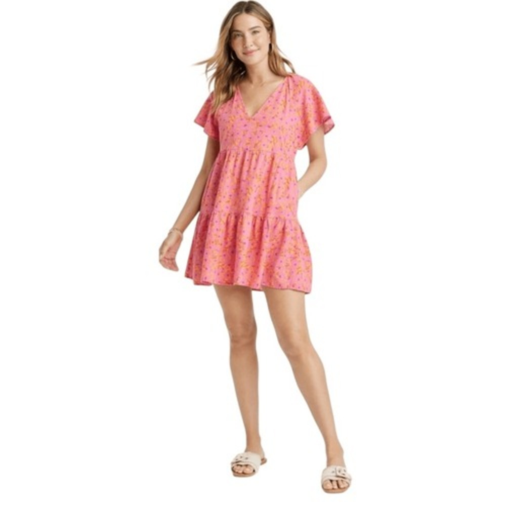 Universal Thread Pink Orange Floral Linen Blend Mini Dress, Medium